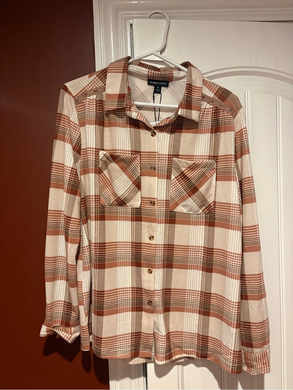Women's Plaid / Flannel Style Button-Up Shirt in Cream and Brown NWT